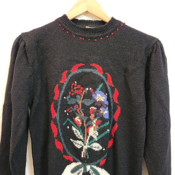 VTG Handknit Mock Neck Sweater Wool Size M Flower Ribbon Whimsical Fairy Grunge - Picture 3 of 16